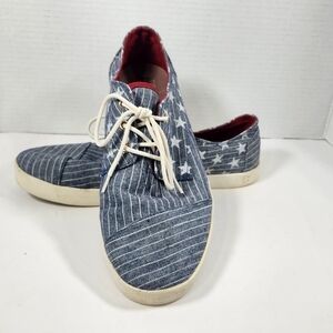 Toms Denim Sneakers Mens Size 10M Blue w/Stars Lace Up Oxfords Rubber Sole